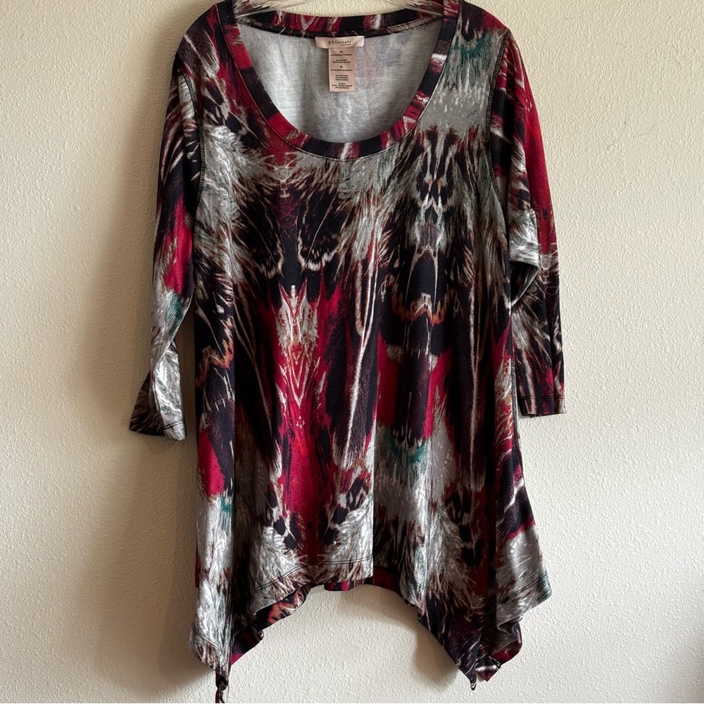 Philosophy Republic Clothing Women's Feather Paradise Top Sz XL 3/4 Sleeve